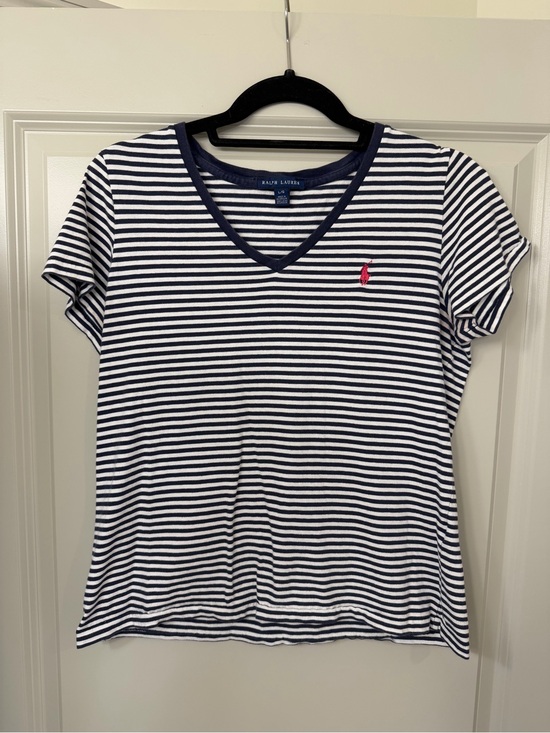 Ralph Lauren Tops - Ralph Lauren Navy and White Striped V-Neck Tee with Pink Pony Embroidery